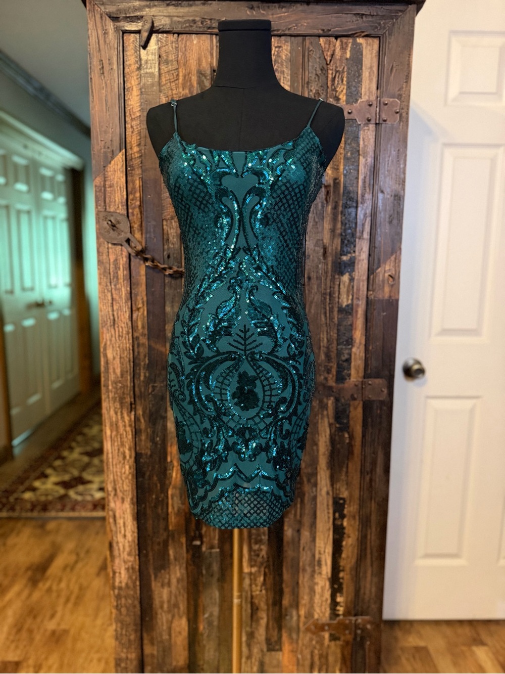 Lucy in the Sky Teal Emerald Sequin Bodycon bandage Mini Dress S hoco prom